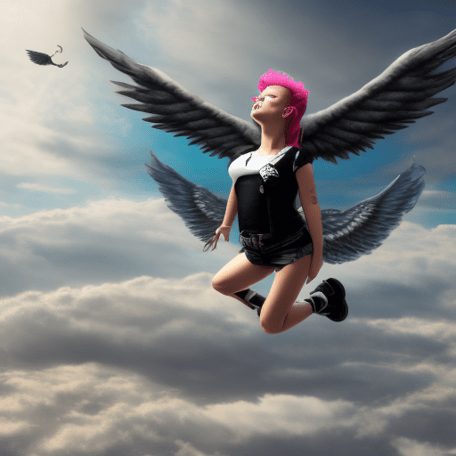 Punk rock girl floating in the sky with angel wings, 4k, hyper realistic body, chubby
