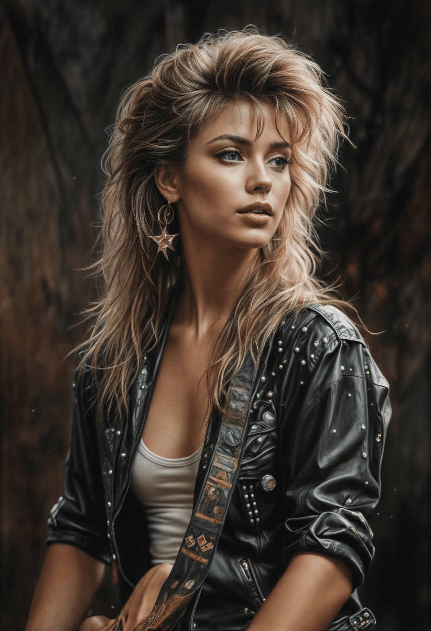 Female rock star, vintage oil painted, 1985, glamrock