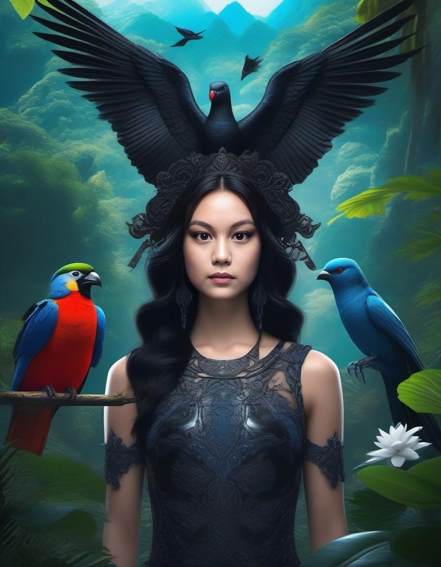 Fashion photography portrait of a blue human avatar, in a blue lush jungle with flowers and birds, 3d render, cgi, symmetrical, octane render, 35mm, bokeh, 9:16, (intricate details:1. 12) , hdr, (intricate details, hyperdetailed:1. 15) , (natural skin texture, hyperrealism, soft light, sharp:1. 2)