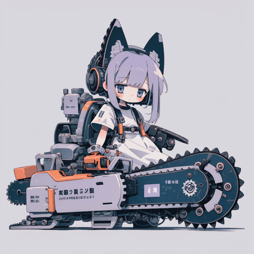 Best quality, lavender theme, (solo,chibi:1. 2) , chainsaw, exoskeleton, mecha musume, mechanical parts, cat ears,