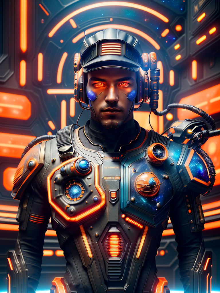 Ultra realistic ((high detailed) ), centered, mid shot, ((full body front view) )-- looking toward camera -- ((cyberpunk cap on his head) ), biochemical android steampunk, dynamic pose, orange long wavy hair, expressive, beautiful bang, ultra detailed steampunk museum vibrant colors create a hype realistic color splash art, (ultra detailed, finest detail, intricate) , (epic composition, epic proportion, epic fantasy) , cinematic lighting, volumetric lighting, studio lighting, ((neon lights blue and orange) ), global illumination, reflection, hard shadow, contrast, ((vibrant colors) ,