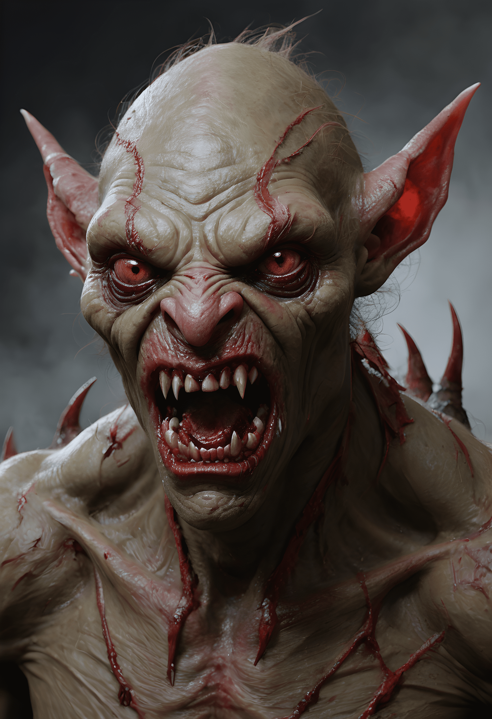 Render an intense, tightly cropped portrait study of a sinister goblin creature, its feral features twisted in a menacing snarl. Capture the sense of inner darkness and primal savagery through bold, painterly brushwork in earthy shades punctuated by bloody crimson highlights. Let the piercing eyes and contorted visage convey the struggle between the bestial and human natures vying for dominance within.