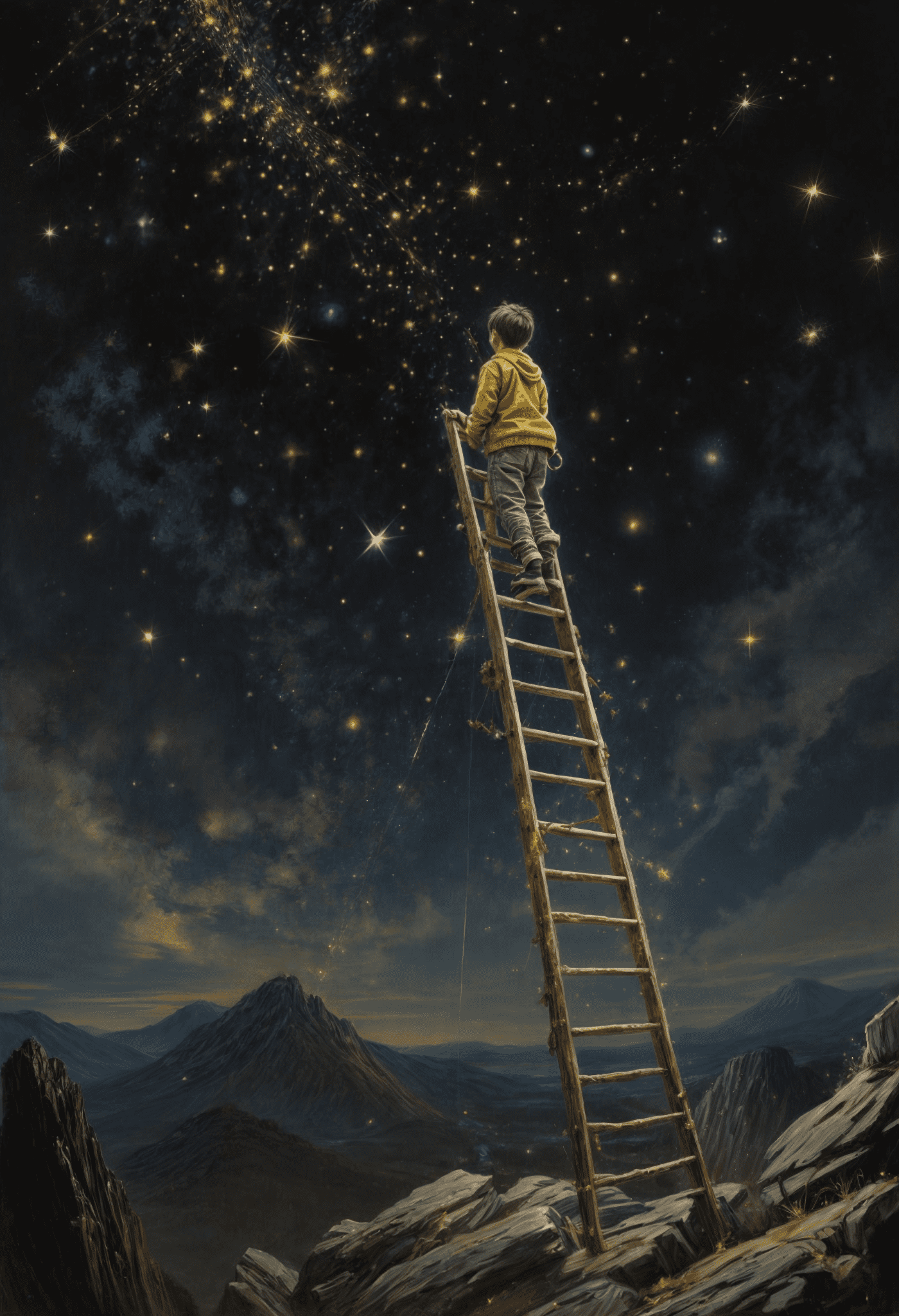 Acrylic painting of a young boy ascending a mountain enveloped in a galaxy of yellow stars, gripping a miniature ladder with his right hand, a fishing rod secured in his left, trendsetting on pixiv fanbox, executed with palette knife and brush strokes, evoking the distinctive styles of makoto shinkai, jamie wyeth, james gilleard, edward hopper, greg rutkowski, and influenced by studio ghibli