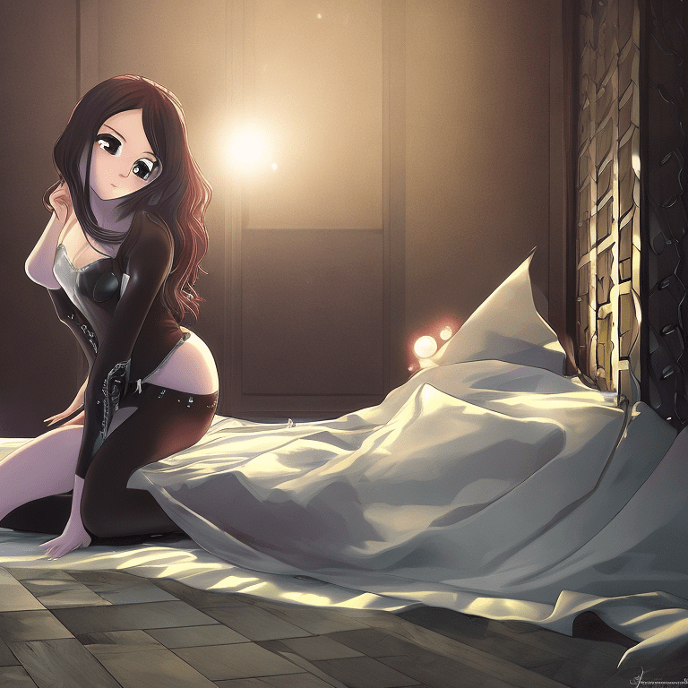 (masterpiece, highres) , realistic fetish anime of dark haired young girl, kneeling in a bed, shiny skin, latex corset lace underwear, reflections, cinematic lighting, spotlights on girl, pixiv, innocent scared face