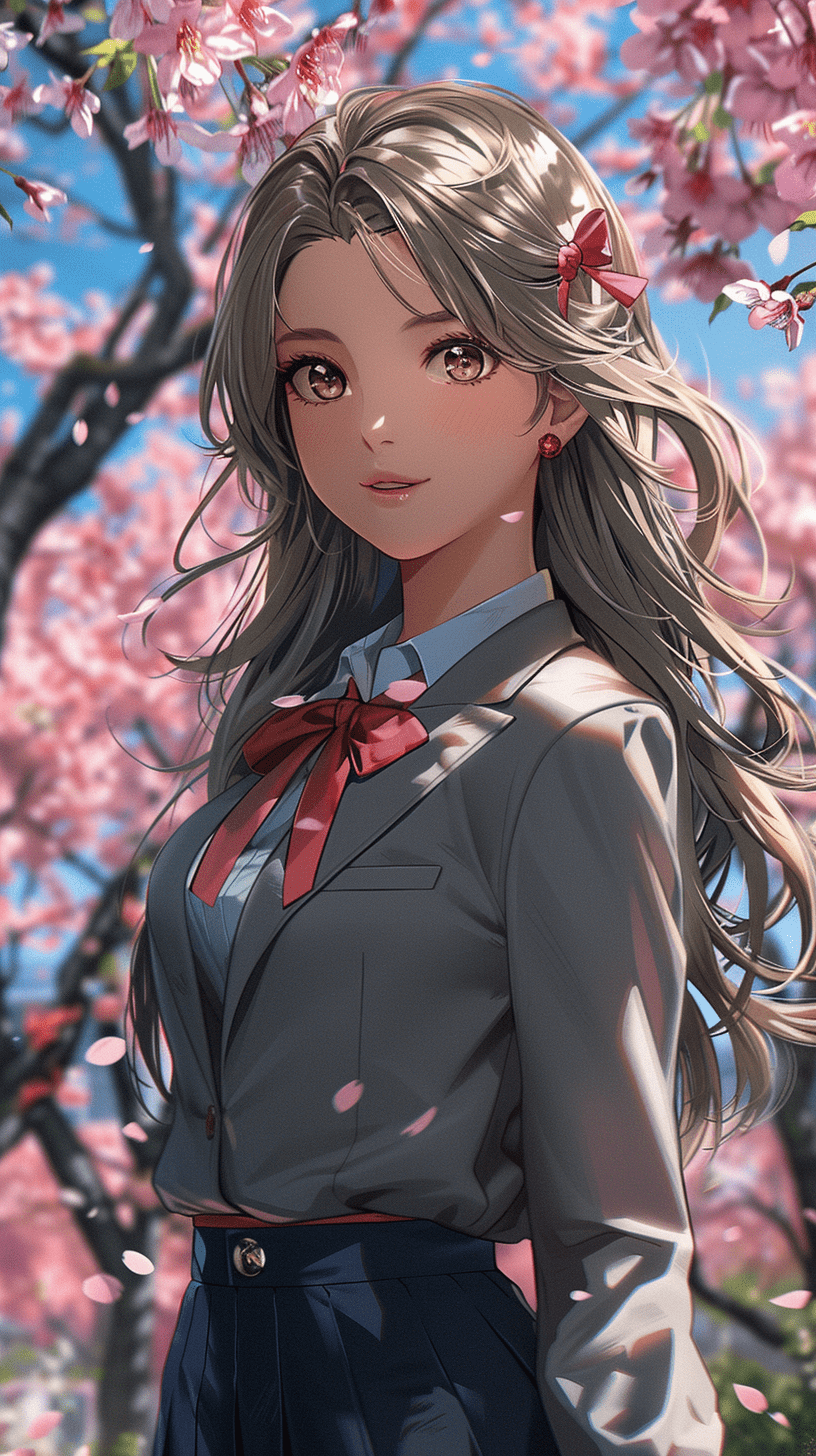A beautiful girl in a college-style uniform, a black knee-length pleated skirt, a white shirt with a red bow tie, and a light gray suit jacket. She has long hair and a small red hairpin on her head. Her eyes are bright and full of vitality. The background is a modern high school campus with several cherry blossom trees in full bloom. Black, white, red, gray, pink --ar 9:16 --s 750