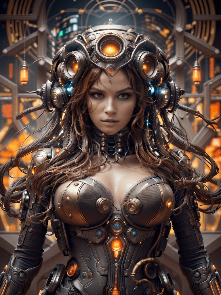 (masterpiece, professional work, award winning) , ultra realistic ((high detailed) ), centered, mid shot, ((full body front view) )-- looking toward camera -- ((cyberpunk cap on his head) ), biochemical android steampunk, dynamic pose, orange long wavy hair, expressive, beautiful bang, ultra detailed steampunk museum vibrant colors create a hype realistic color splash art, unreal minimalism with octane render creates depth of field with bokeh. Style: a sculpture made with bronze, using a combination of traditional techniques, (ultra detailed, finest detail, intricate) , (epic composition, epic proportion, epic fantasy) , cinematic lighting, volumetric lighting, studio lighting, neon light, global illumination, reflection, hard shadow, contrast, ((vibrant colors) , raw photo, photography, uhd
