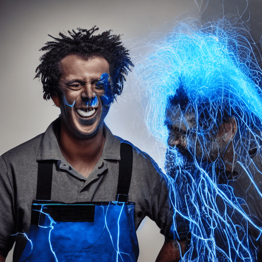 A humorous photograph capturing an apprentice electrician's hair standing, face blackened like charcoal with smoke, and the master electrician laughing. Blue electric shock effects, dramatic lighting, high contrast, 8k photography.