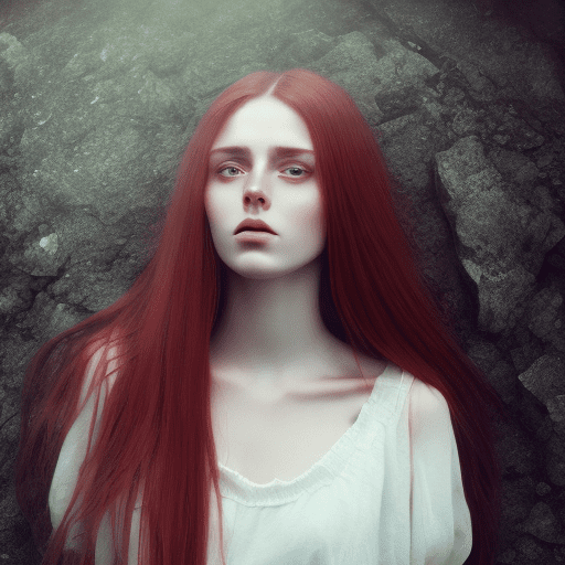 Full body photo of a beautiful irish trans-girl, adorable face, red long layered hair, no makeup, realistic skin texture, low saturation, dark tone, inspired by alessio albi, f1. 4, 85mm lens, hyper realistic , lifelike texture, dramatic lighting, professional shot, heavy shadows, dynamic pose, innocent look