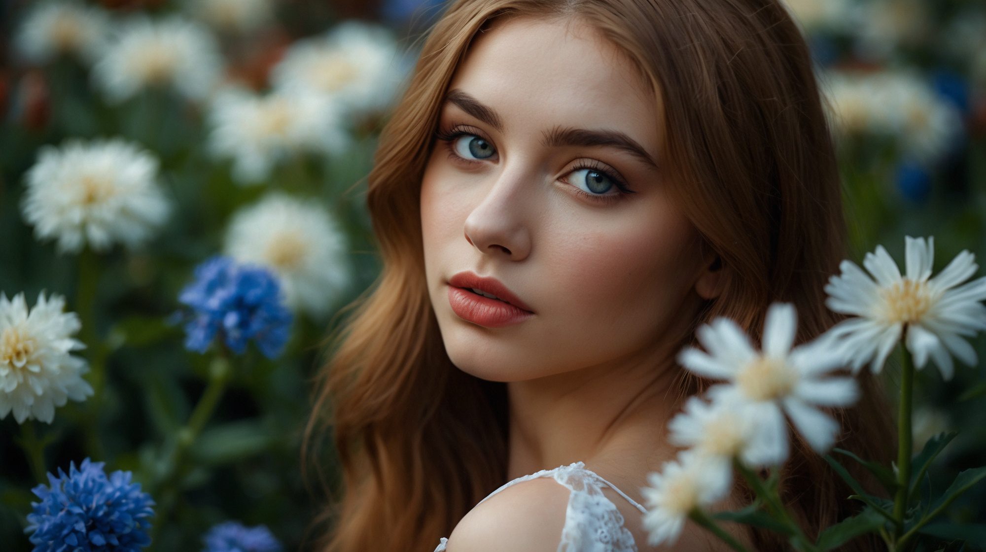 Captivating european beauty, a stunning 20-year-old with porcelain skin and luscious features, solo amidst a vibrant flower garden. Her piercing blue eyes sparkle as she gazes directly at the camera, the blink-and-you-miss-it detail of her eyelashes adding a touch of whimsy. She's dressed to impress in an elegant and, form-fitting dress that accentuates her curvaceous figure and huge, breasts. The soft focus and high-quality floral background create a dreamy atmosphere, drawing attention to the subject's natural beauty. Enhance this wonderland of loveliness with jeesoo's signature style, masterpiece