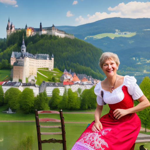 Full body photography of an austrian mature woman wearing a traditional dirndl tyrolean short dress, detailed face and body, smiles intently at the viewer, wearing a gorgeous blouse with vivid colors, white leggins, sitting on side on a metal chair, with views of castle of salzsburg, strong wind. Premium quality, professional wide photography, ultra-realistic, cinematic, 8k hdr,
