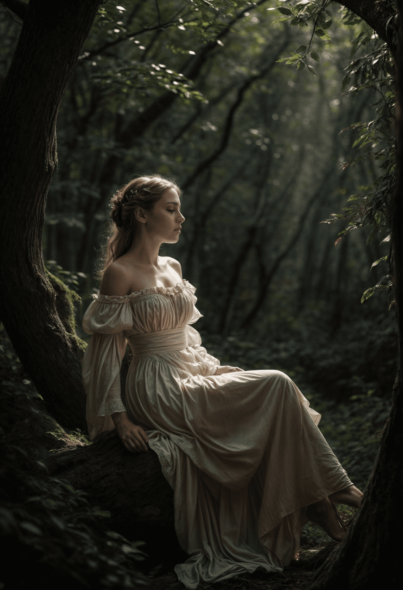 Chiaroscuro scene of an enchanted forest, [baroque | romanticism] , a shimmering ethereal light breaking through the dense canopy illuminating a solitary figure of a cute and adorable elven princess relaxing, her delicate features and flowing dress glowing against the dark background, [oil painting | digital art] , inspired by [caravaggio | caspar david friedrich] , [dramatic lighting | high contrast] , inspired by [mystical woods | fairy tales] , a mysterious forest bathed in moonlight, ancient twisted trees casting deep shadows, fireflies creating a soft halo around her, a sense of magic and wonder pervades the scene, 8k resolution, trending on artstation. By satori canton