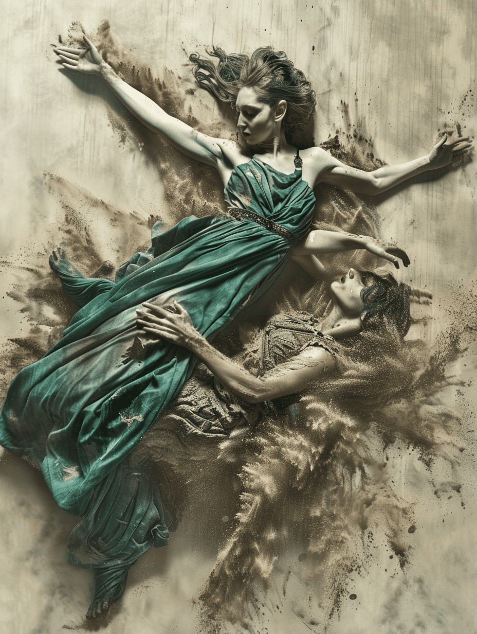A gorgeous woman-like being created out of stone, emerging from the ground, dust dancing around her, facing the viewer, intricate details in her stone form, vibrant colors highlighting her features, background of a mystical landscape. Created using: vladimir matyukhin's style, raw photography, hyper-detailed textures, vibrant color contrasts, dramatic lighting, atmospheric effects, realistic stone textures, dynamic composition, hd quality, natural look
