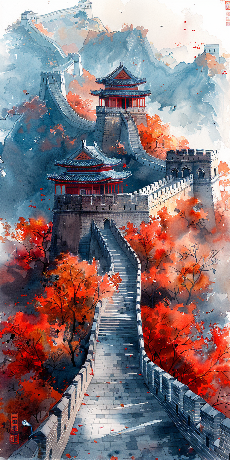Watercolor painting of the great wall in autumn, in the style of a chinese ink painting, with an orange and red color tone and white background, colorful, high-resolution illustration. --ar 1:2 --stylize 750