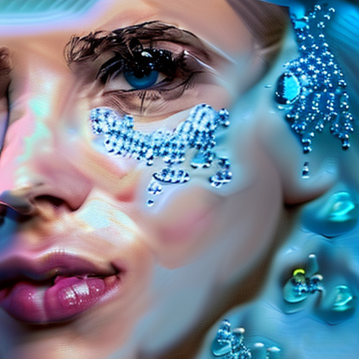 A mesmerizing close-up image of a woman's face, with her faces partially submerged in water. Her eyes are open and glistening with droplets that catch and reflect the soft sunlight. Her hair flows naturally in the water, with delicate strands wrapped around her face, creating a mesmerizing effect. The background is a gentle blue, representing the water, and the overall atmosphere is serene and calming.