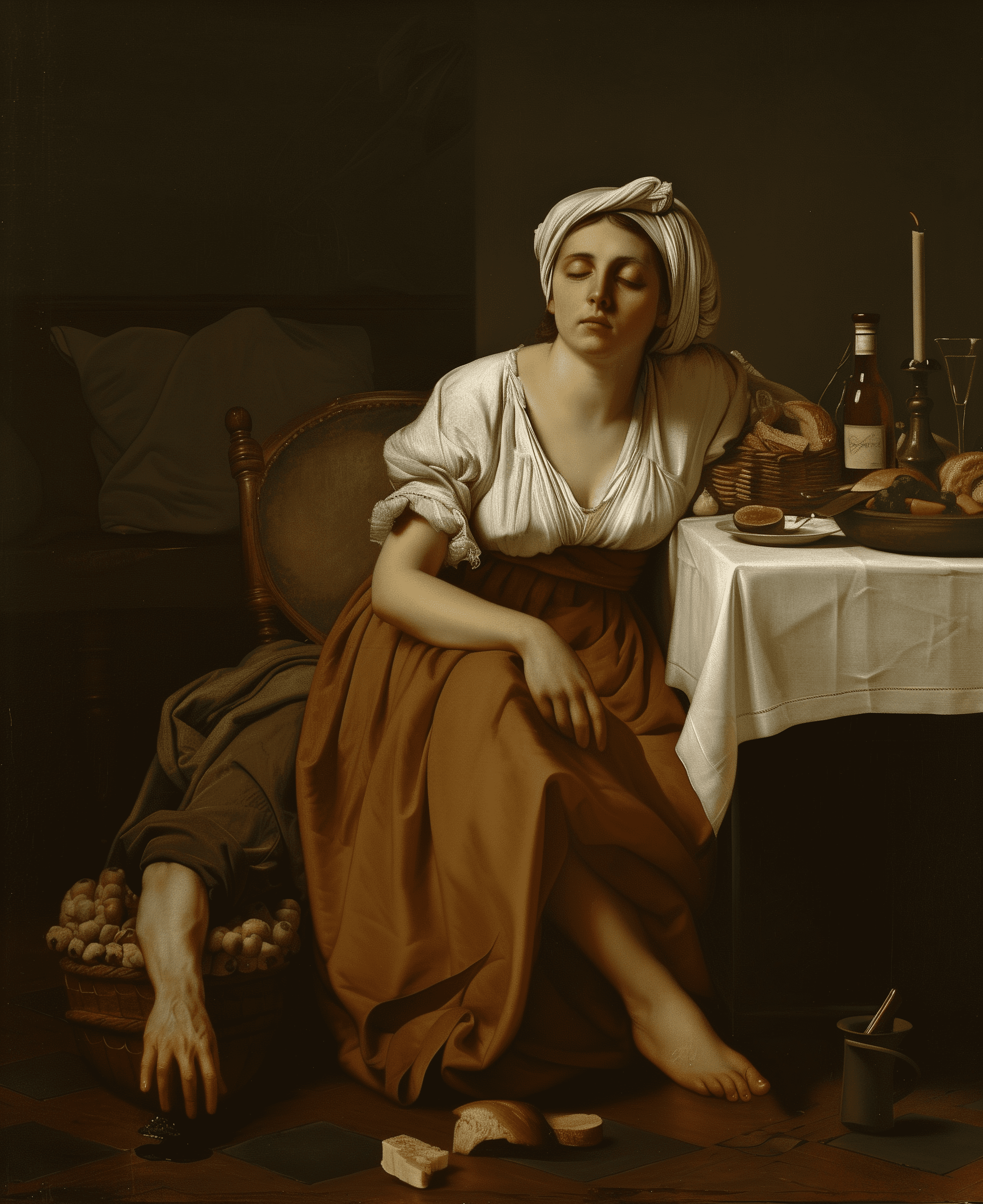 A woman sits on the edge of an armchair, her head is wrapped in fabric. A man lies face down at his feet with open eyes, dressed as jesus christ. In front there is a table with food and wine painted in the style of jean leon gerome. --v 6. 0 --style raw --ar 105:128