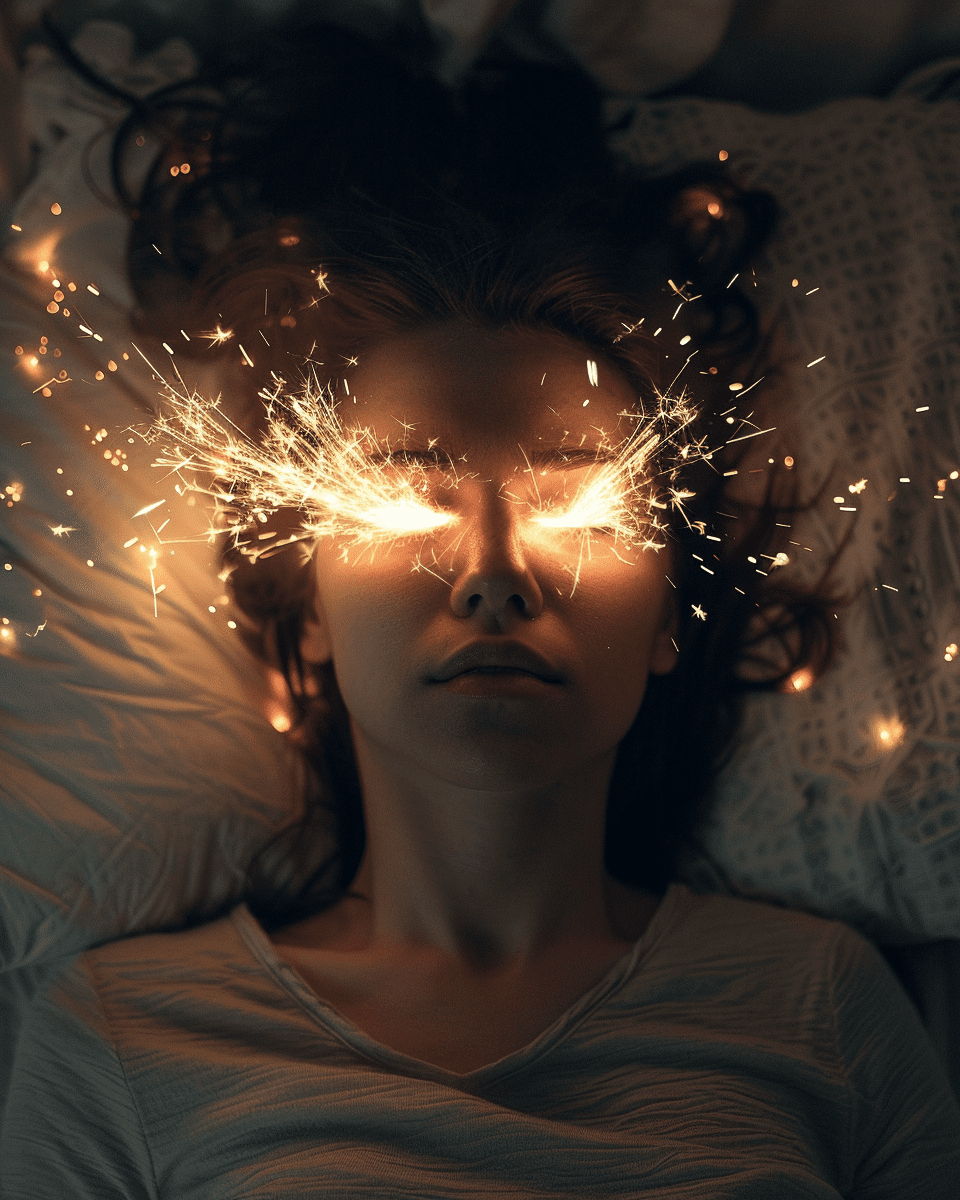 A photo of woman laying in bed with her head on the pillow, fire is shooting out from between his eyes and he has sparks flying off him --ar 4:5 --v 6. 0