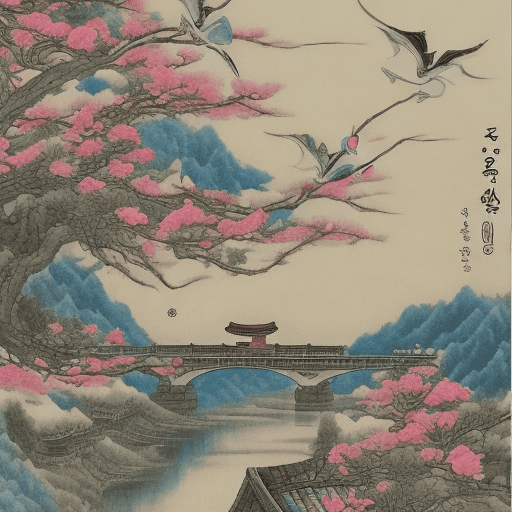 Photo of beautiful korean traditional folk painting. The background is light ivory in korean paper. In the center of the screen, there is a bridge with a point-to-point view over the valley. The bridge is a red iron bridge and feels thin. A white crane is spotted flying over the bridge. . Thin and delicate description, beautiful colors in pastel tones, very flat but delicate description without writing, good image quality,