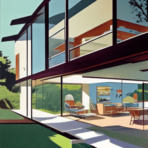 Hyper realistic sasuke level exterior photo of a mid century modern style house overlooking the ocean, daylight, indirect lighting, ad magazine, frank lloyd, eames, mies van der rohe