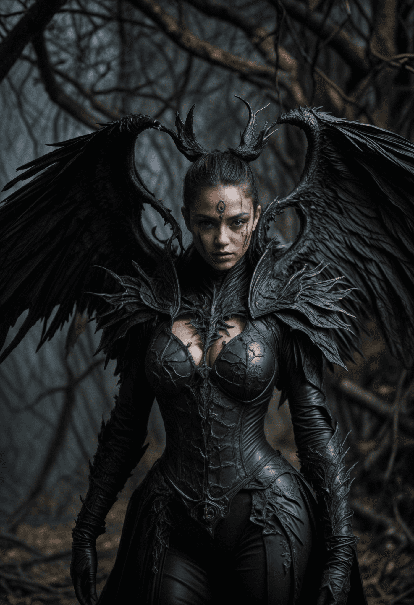Portrait, serqet appears in her dark lord skin, standing in a sinister, distorted version of the underworld. The surroundings are filled with writhing shadows and twisted, gnarled trees. Serqet is clad in black armor adorned with skulls and other macabre decorations. Her wings are spread wide, and her eyes burn with an intense inner fire. Advanced lighting and shading techniques, along with high-quality textures and materials, enhance the scene.