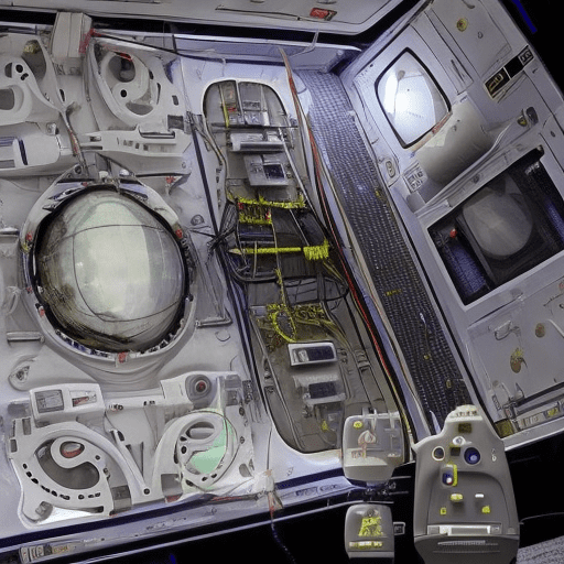 Ingeniero en electrónica programando microcontroladores en una nave espacial en el año 3000