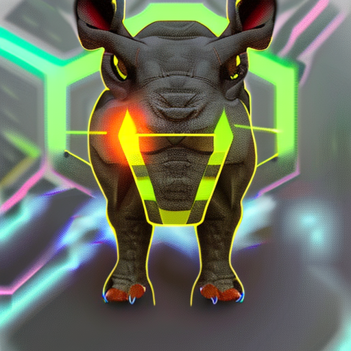 A digital rhino with glowing eyes and a yellow horn, virbrant, esport, with smoke coming out of his nose --ar 2:3