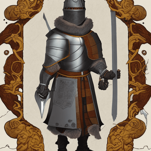Character illustration from graphic novel, detailed shaded coloured cartoon of a stern female medieval knight wielding a gretsword. Wearing dirty grey fur cloak, a tattered yellow checked woollen gambeson with tears in it, and bulky ratty black cap. Dented metal breastplate. Turned side-on looking at her hand. Narrow paper scrap award on his chest. Knife in boot. Jewellery on forearms. Contrasting colours. Inside a small artists workshop. Amulet of a moon. Mist. Grim. Dark fantasy. Storm clouds. Raining. Cinematic. Muted colours. Sombre. Highly detailed