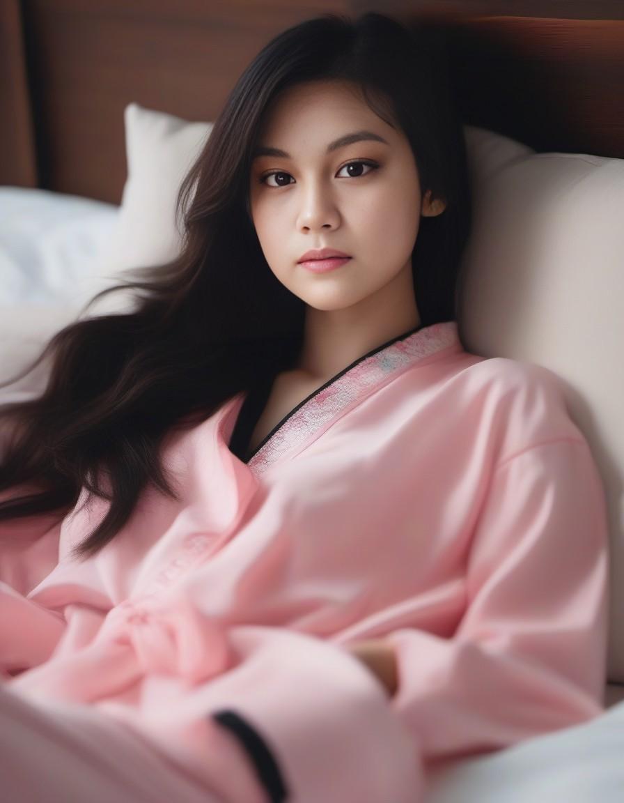 Sleeping girl, 22 years old, realistic, she is wearing long pants, she is wearing pink pajama, brown hair
