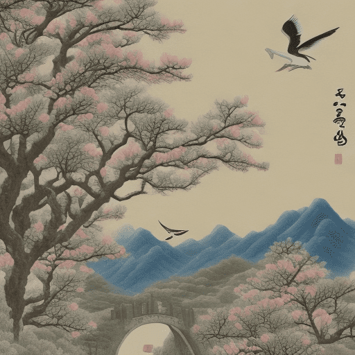Photo of beautiful korean traditional folk painting. The background is light ivory in korean paper. In the center of the screen, there is a valley. A white crane is spotted flying over the bridge. . There are only a valley and there are no scenery like trees. Only objects that minimize objects can be drawn as neat layout as possible. Thin and delicate description, beautiful colors in pastel tones, very flat but delicate description without writing, good image quality,