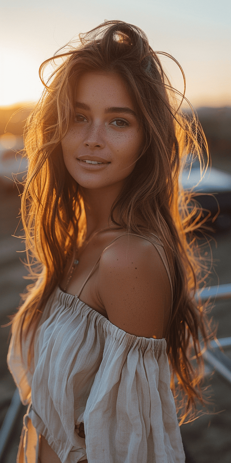 A beautiful woman looking back and smiling at the camera, long hair, big eyes, bright smile, wearing an off-the-shoulder top against the backdrop of sunset and cars. Taken on a nikon d850 with a wide-angle lens --ar 1:2 --stylize 750