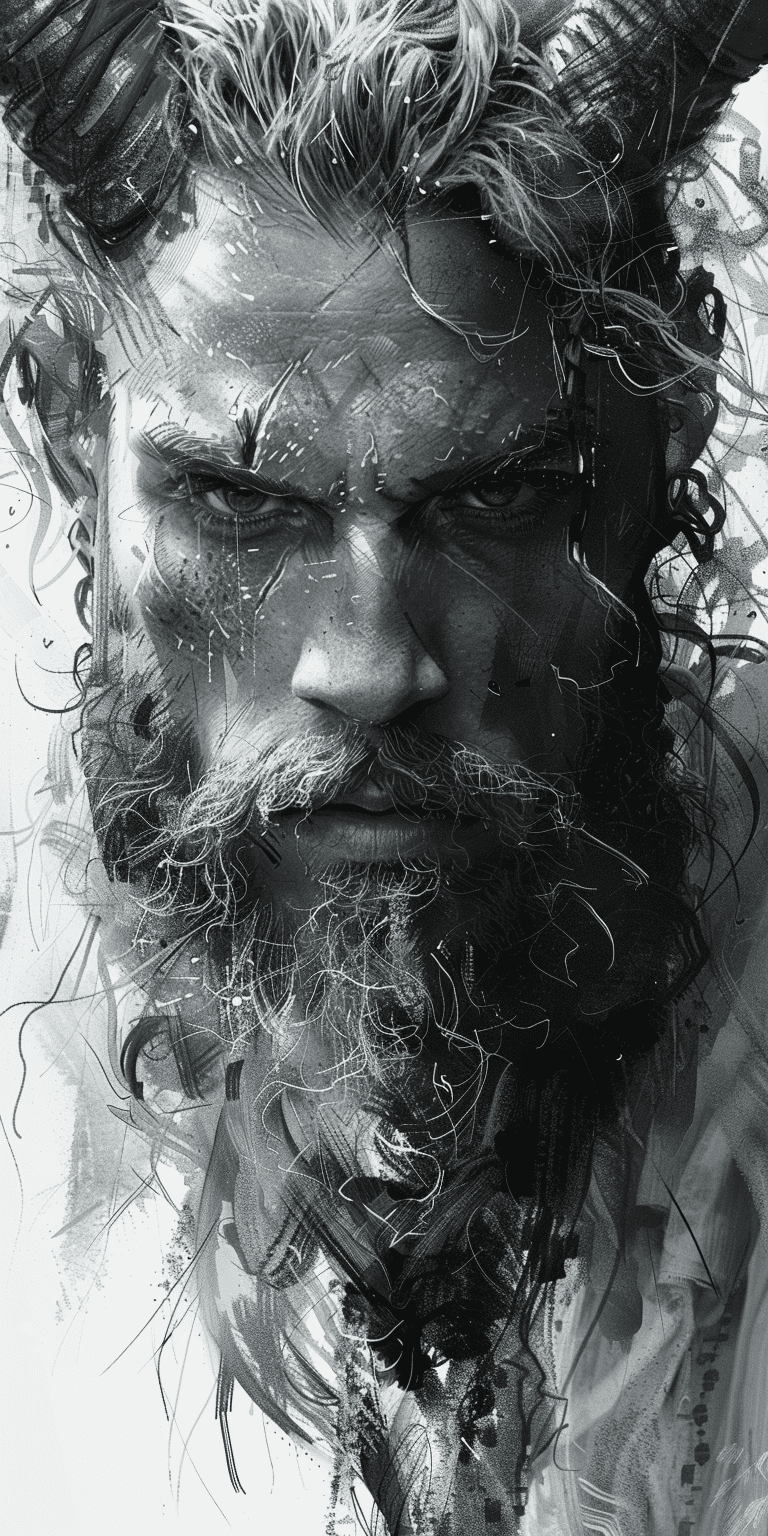Black and white drawing of viking with horns, headshot portrait front view, fine lines, soft colors, artstation style --ar 1:2 --stylize 750