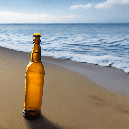 Una botella sobre arena de una playa , una etiqueta en la botella que tiene la siguiente escritura, cerveza costeña
