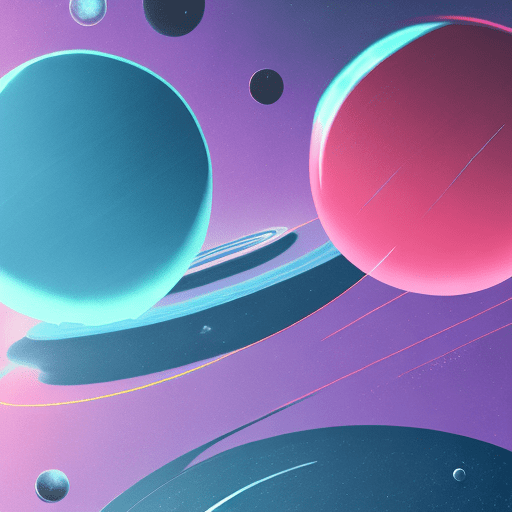 Minimalistic, three-body problem, planets with rings, cyberpunk pink and blue colors, space grey colored background