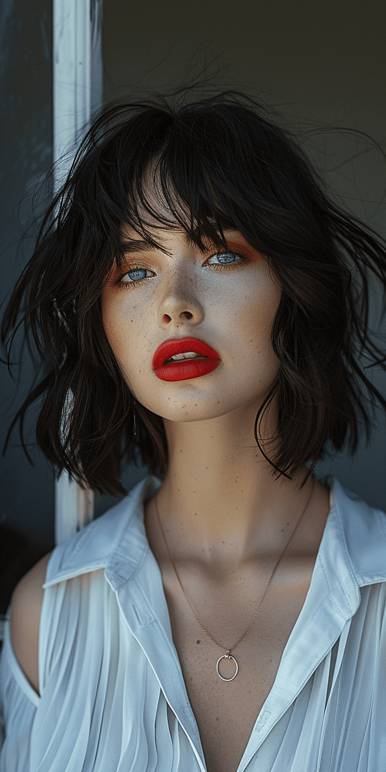 Pretty woman, black bob haircut with bangs, red lipstick, white shirt, photography in the style of morgan maher, photorealistic --ar 1:2 --stylize 750