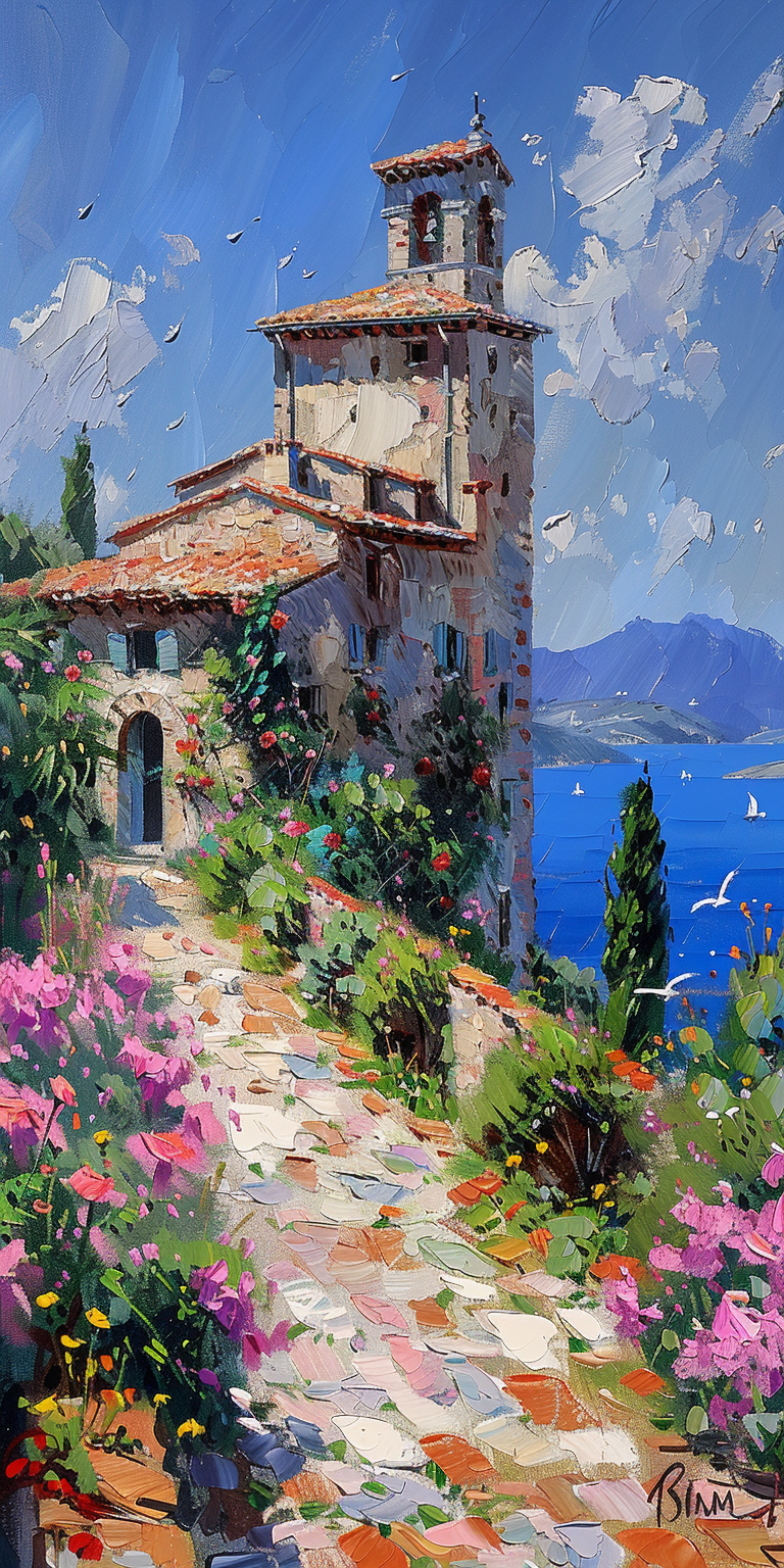 Impressionist painting of a tuscan villa, oil on canvas, in the style of the tuscan countryside, full color, exaggerated brushstrokes, italian countryside tones, detailed --ar 1:2 --stylize 750