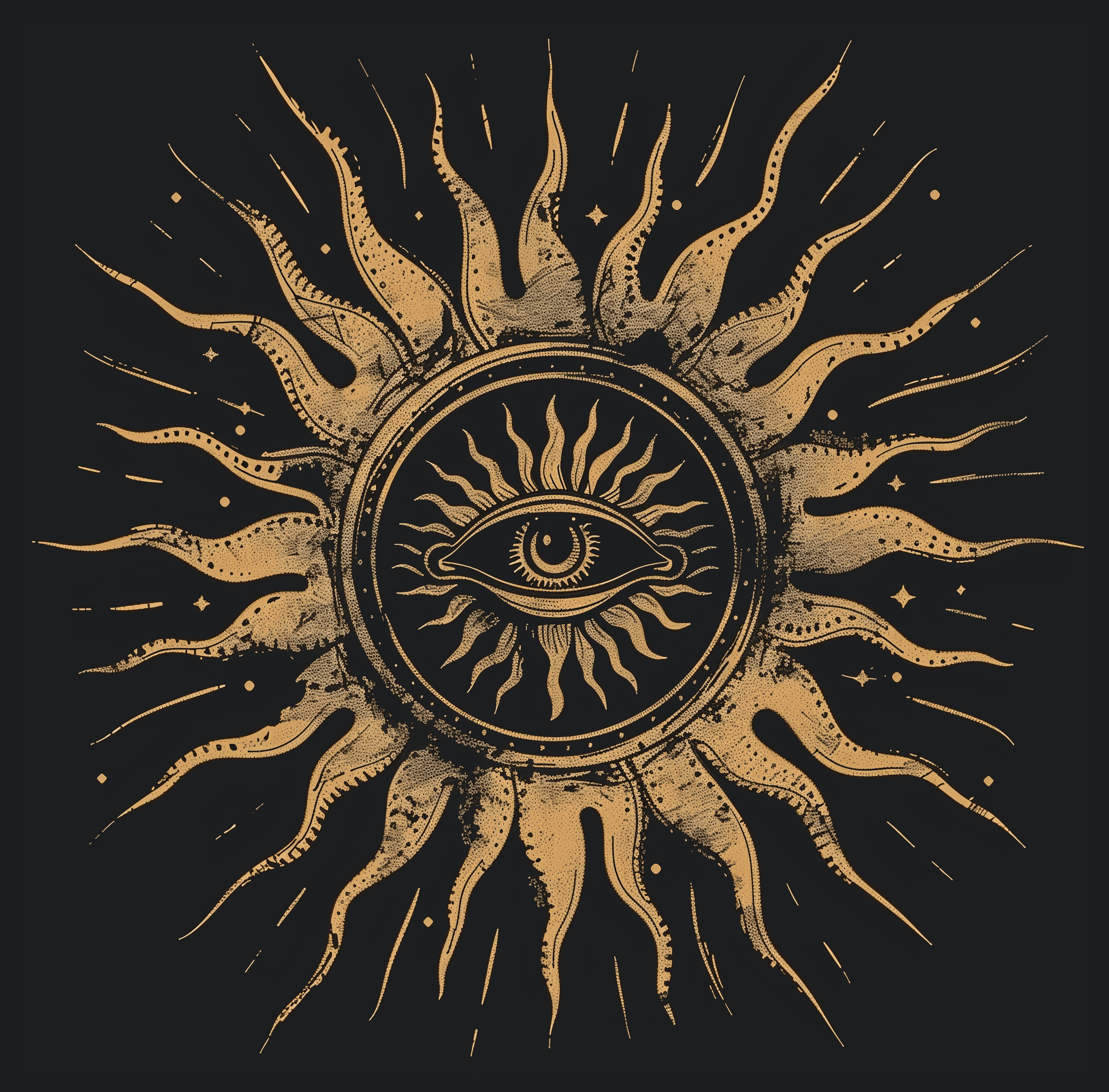 In the style of an old medieval woodcut, the sun with arms and eyes is painted on a black background, the rays of light form a circle shape around the eye symbol, the sun has a golden halo. It is hand drawn, very simple and minimalistic, yet stunningly beautiful. --ar 64:63 --v 6. 0 --style raw