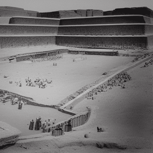 Photograph design of a football stadium in the days of the ancient egyptian pharaohs in the presence of king tutankhamun in the middle of the pyramids