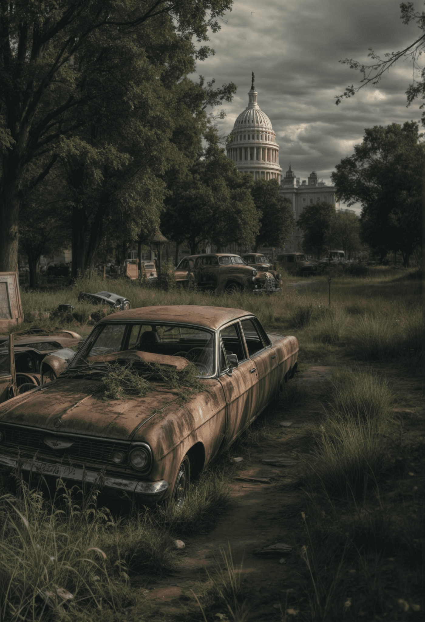 Post apocalypse, old ruins of citys, trees, gras grow overall, car wrecks , rusty, , capitol, washington