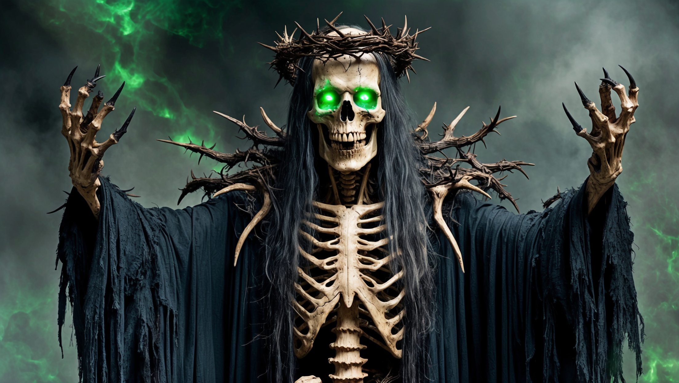A towering, bone-clad necromancer with a crown of twisted thorns, adorned in tattered robes of midnight black. His eyes burn with a ghastly green light, reflecting the souls he commands. This haunting depiction is a digitally rendered painting, vividly capturing the intricate details of decay and dark magic. Each pixel seems to pulse with an eerie energy, bringing to life the necromancer's macabre essence.
