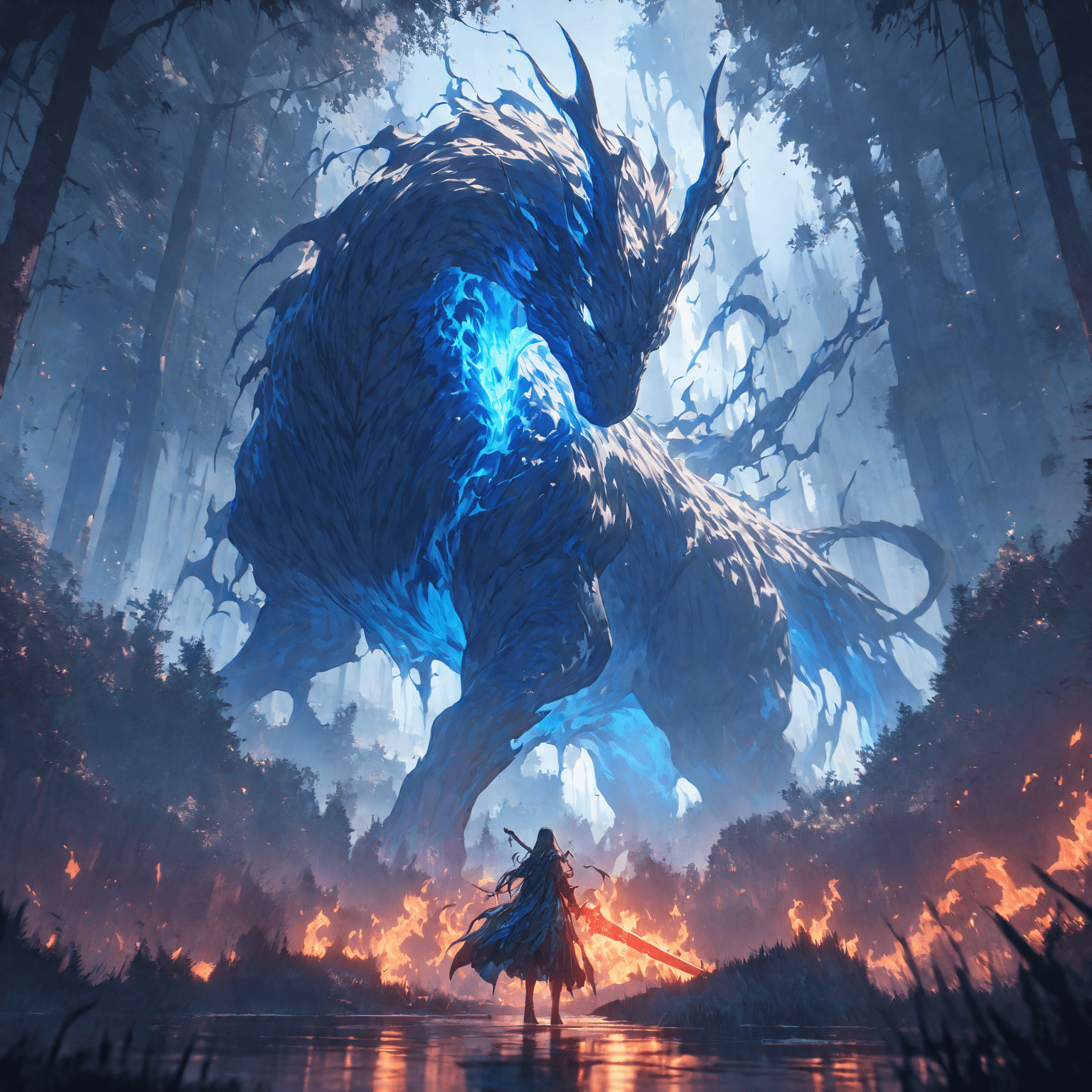 A cinematic shot of a fantasy character standing infront of a giant mythical creature, flames, fire, holding a glowing sword by the handle, magical forest in background, reflective light, bosstyle, hd, masterpiece, best quality, hyper detailed, ultra detailed,