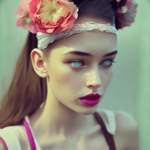 Disposable photography of beautiful fashion model, wearing huge flower hairband, 8k, photo realism, --ar 3:4
