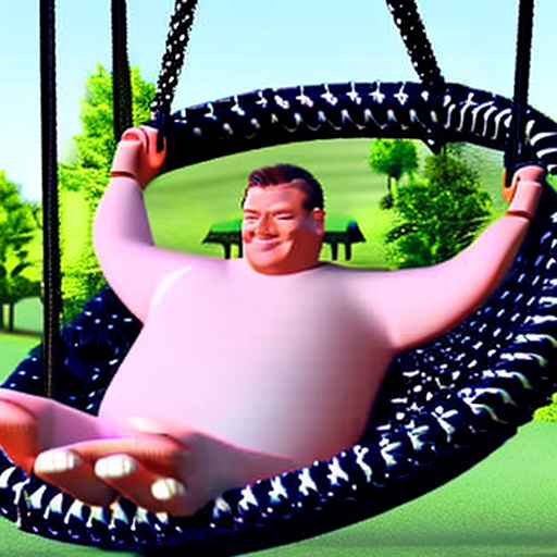 A large, happy, chubby man swinging on a big, massive swing set. The swing is a large three-seater, styled as if an emperor is swinging in his palace. The swing has a massive frame. The image should be highly realistic. , 8k