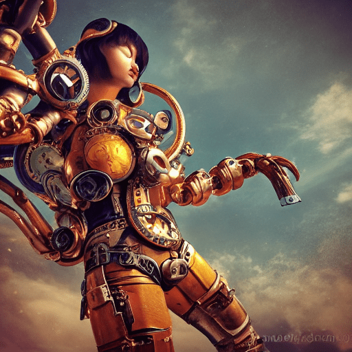 (masterpiece, professional work, award winning) , ultra realistic illustration, centered, mid shot, full body front view, looking toward camera, biochemical android steampunk, dynamic pose, orange long wavy hair, expressive, beautiful bang, ultra detailed steampunk museum vibrant colors create a hype realistic color splash art, unreal minimalism with octane render creates depth of field with bokeh. Style: a sculpture made with bronze, using a combination of traditional techniques and 3d modeling, (ultra detailed, finest detail, intricate) , (epic composition, epic proportion, epic fantasy) , cinematic lighting, volumetric lighting, studio lighting, neon light, global illumination, (depth of field:0. 4, blur, bloom:0. 2) , reflection, hard shadow, contrast, vibrant color, raw photo, photography, uhd,