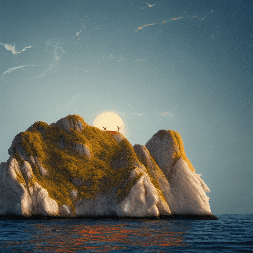 A picture beautiful single island from the front, the sea is endless around it, and three small gulls are flying in the sunset sky. There are two moons, making it perfectly symmetrical from side to side. The composition, color, and cinematic expression are wes anderson style