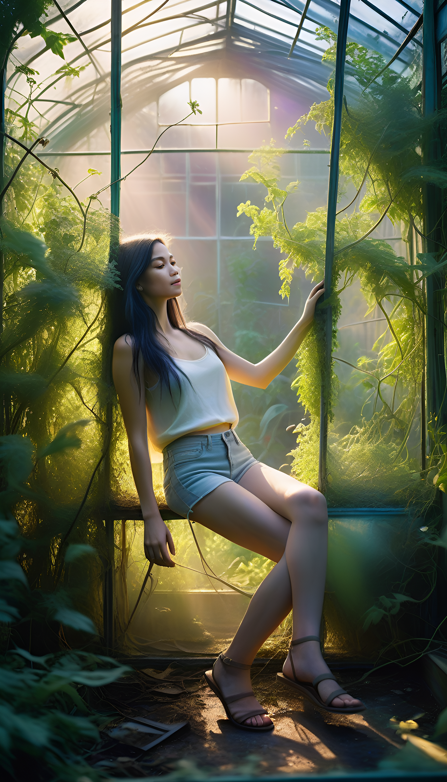 Potrait a woman, capturing the fleeting effects of light and atmosphere, an overgrown broken greenhouse. Vegetation, overgrowth, green. Soft and natural, varying with the time of day and weather conditions, bright and vibrant color palette, including yellows, greens, blues, and purples, soft smoke, sunlight, black hair, realistic, hyper realic,