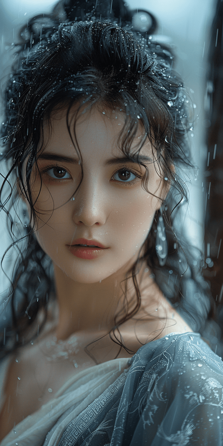 Chinese beauty with delicate facial features and black hair, wearing a silver hanfu in the style of the han dynasty, with a misty rain background, the camera focuses closely on her face, flowing curly hair, photorealistic photography in a documentary style, with high definition details showing delicate textures in natural light with soft tones, capturing elegant movements --ar 1:2 --stylize 750