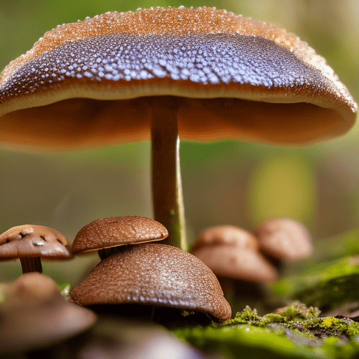 Photo close-up ant perspective shiitake mushrooms in the forest there is morning dew drizzling light source shines from top to bottom mushroom umbrella has light-transmitting effect