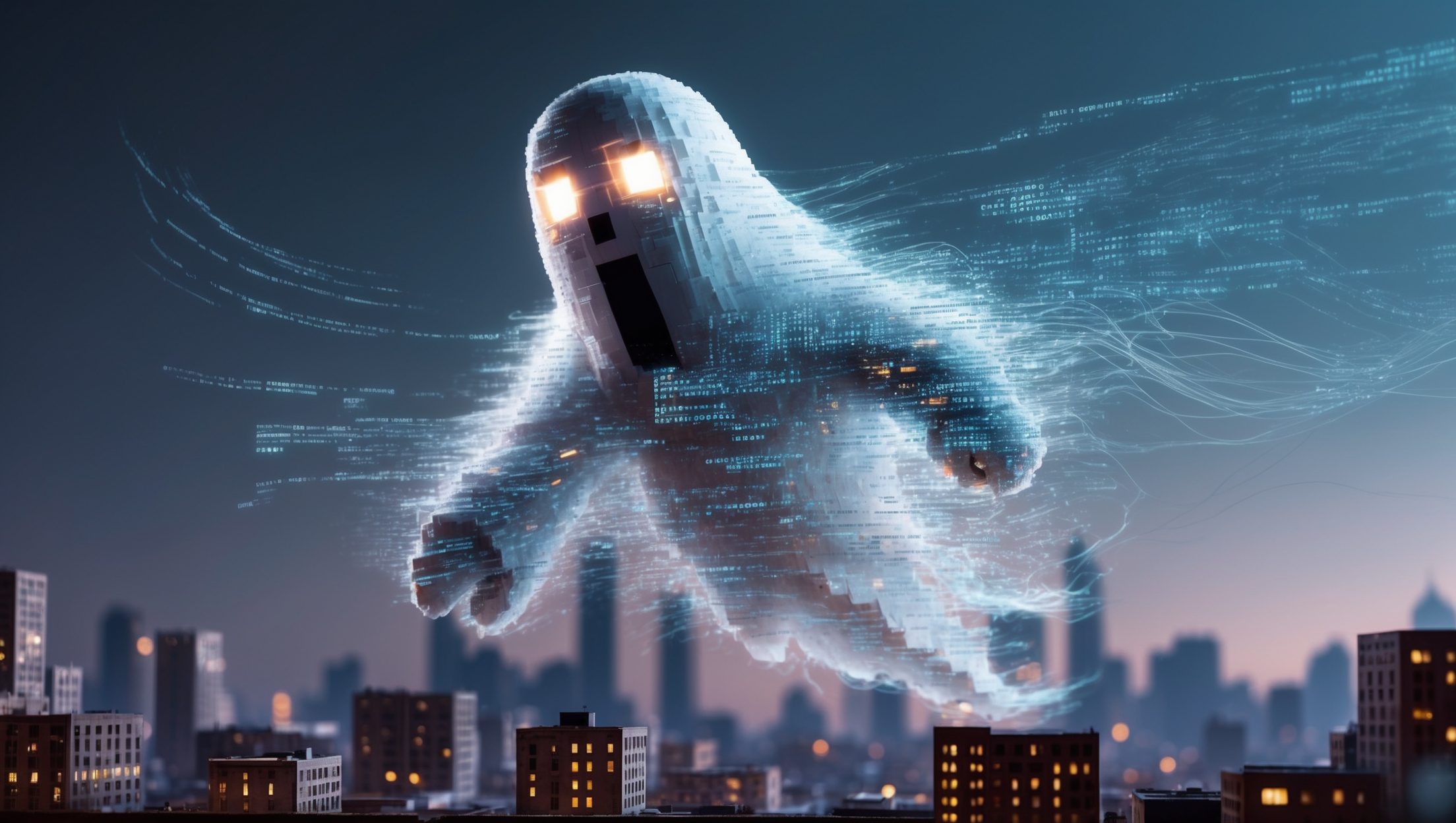 In a whimsically haunting scene, a digital ghost materializes in a tilt-shift photograph. The main subject is a translucent figure with glitching pixels, floating above a miniature cityscape. The image, a digital painting, captures the ghost in vivid detail - ethereal wisps of code swirling around its form, glowing eyes reflecting bits of data. The high quality of the image allows for intricate details of the ghost's pixelated essence to shine through, creating a truly mesmerizing and otherworldly visual experience.