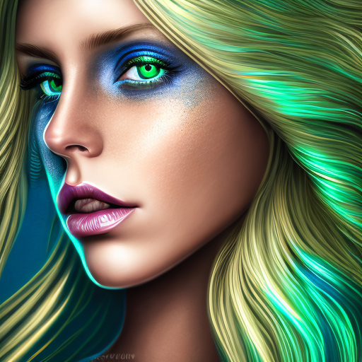Front direct view portrait of blond woman head, brown eyes, metalic skin, disappearing into the patinated background, singificant metalic make-up, capturing the intricate details, blue, green, beige, neon, --ar 4:5 --s 350 --v 6. 0 --style raw