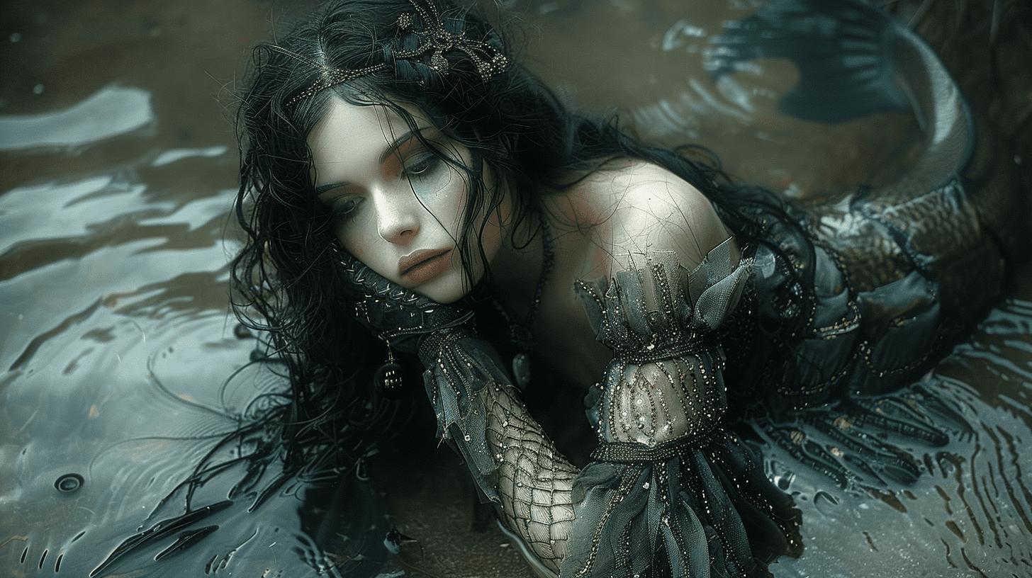 A bohemian 25 year old vampire mermaid, watching the viewer, in the style of olivia de bernardis