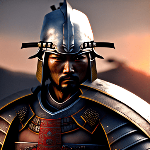 Photo of a ultra realistic full armor samurai, dramatic light, pale sunrise, cinematic lighting, battered, low angle, 4k, hyper realistic, focused, extreme details, unreal engine 5